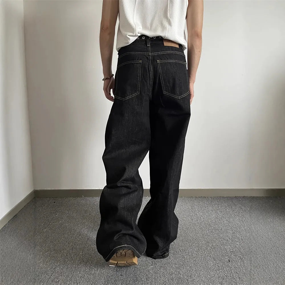 Black retro straight-leg jeans with loose wide-leg fit and mid-rise waist
