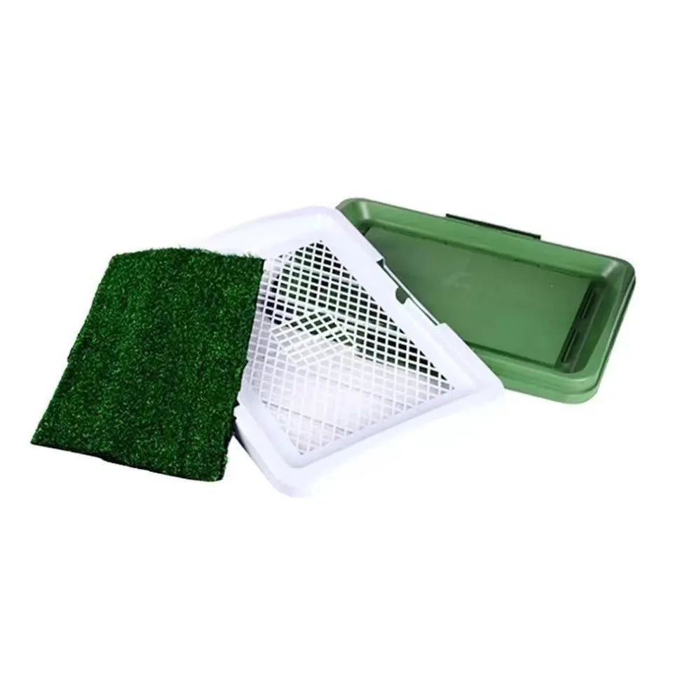 Green synthetic turf dog toilet with three-layer construction for indoor potty training