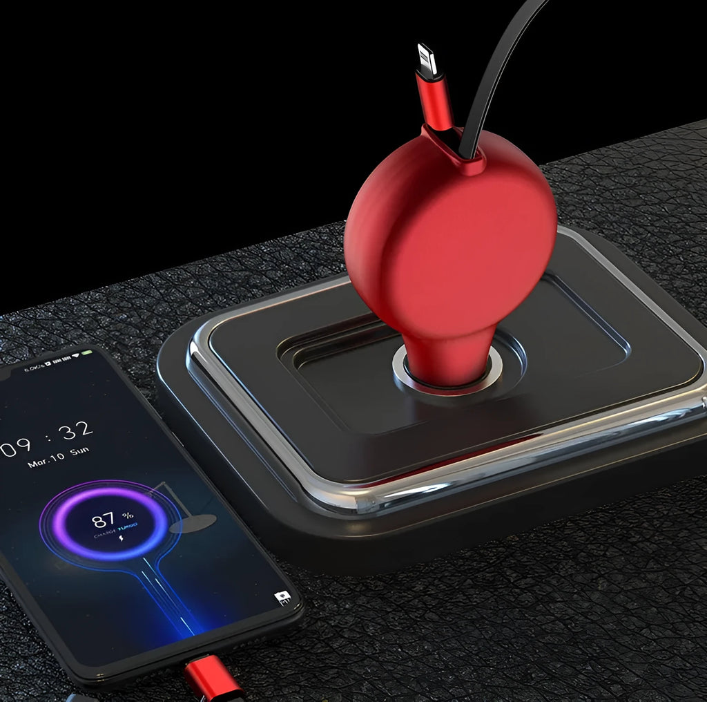 Retractable car charger with extended cables showing dual charging ports and compact design