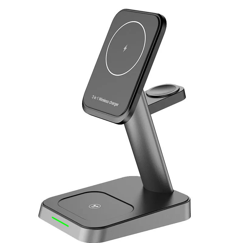 Black vertical wireless charging station with phone and watch charging areas and 10000mAh battery