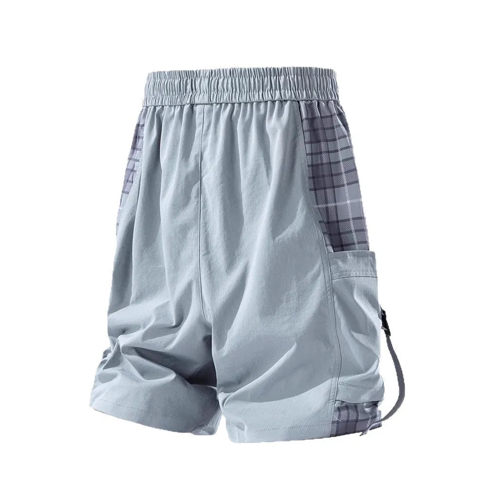 Men's loose cargo shorts with plaid stitching design in polyester micro-elastic fabric available in three colours