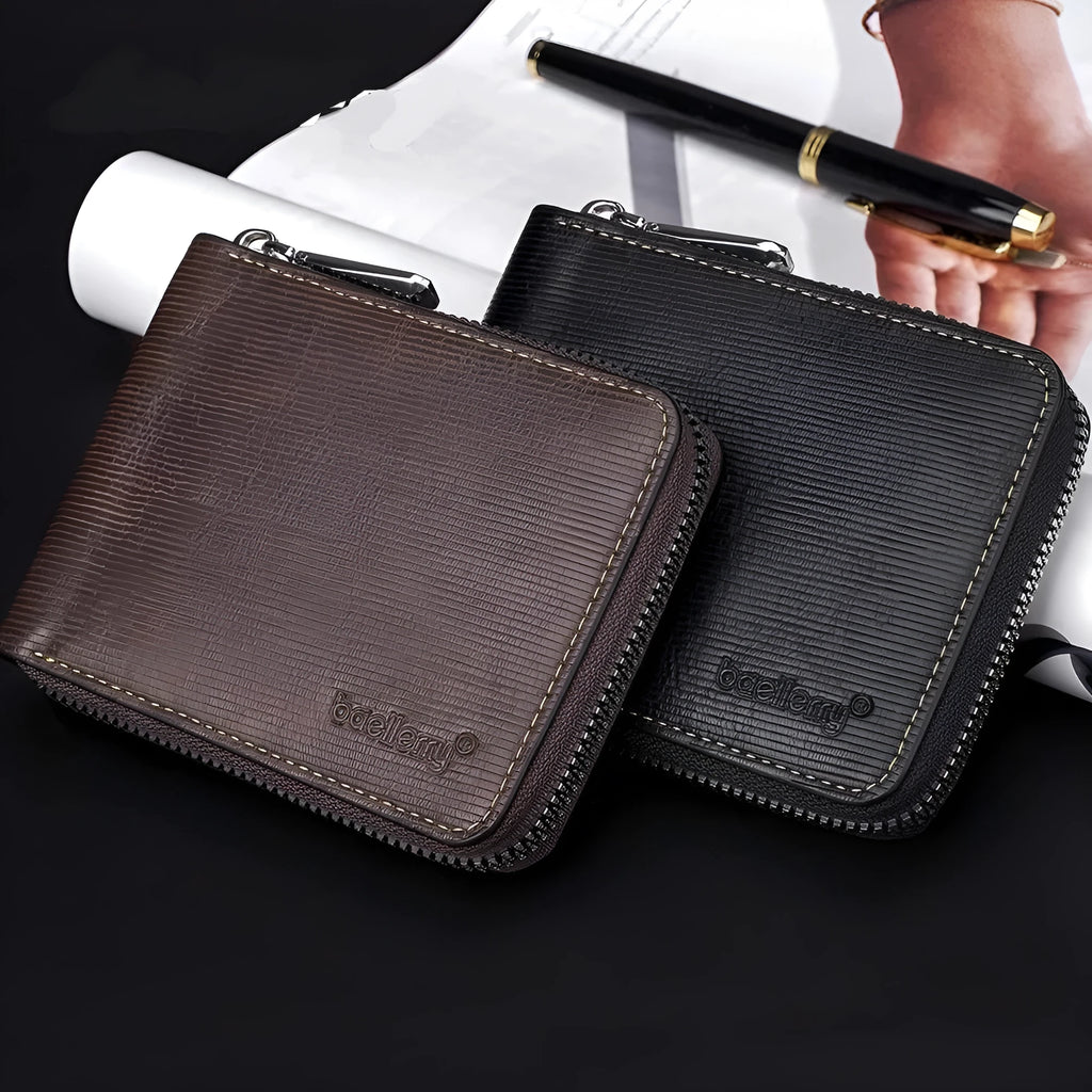 Black PU leather anti-theft zipper wallet with embossed pattern and credit card slots.