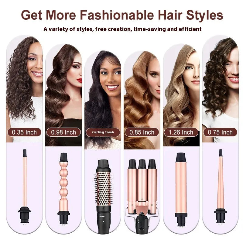 Three-tube water wave hair curler with multiple barrel attachments for styling curly and straight hair