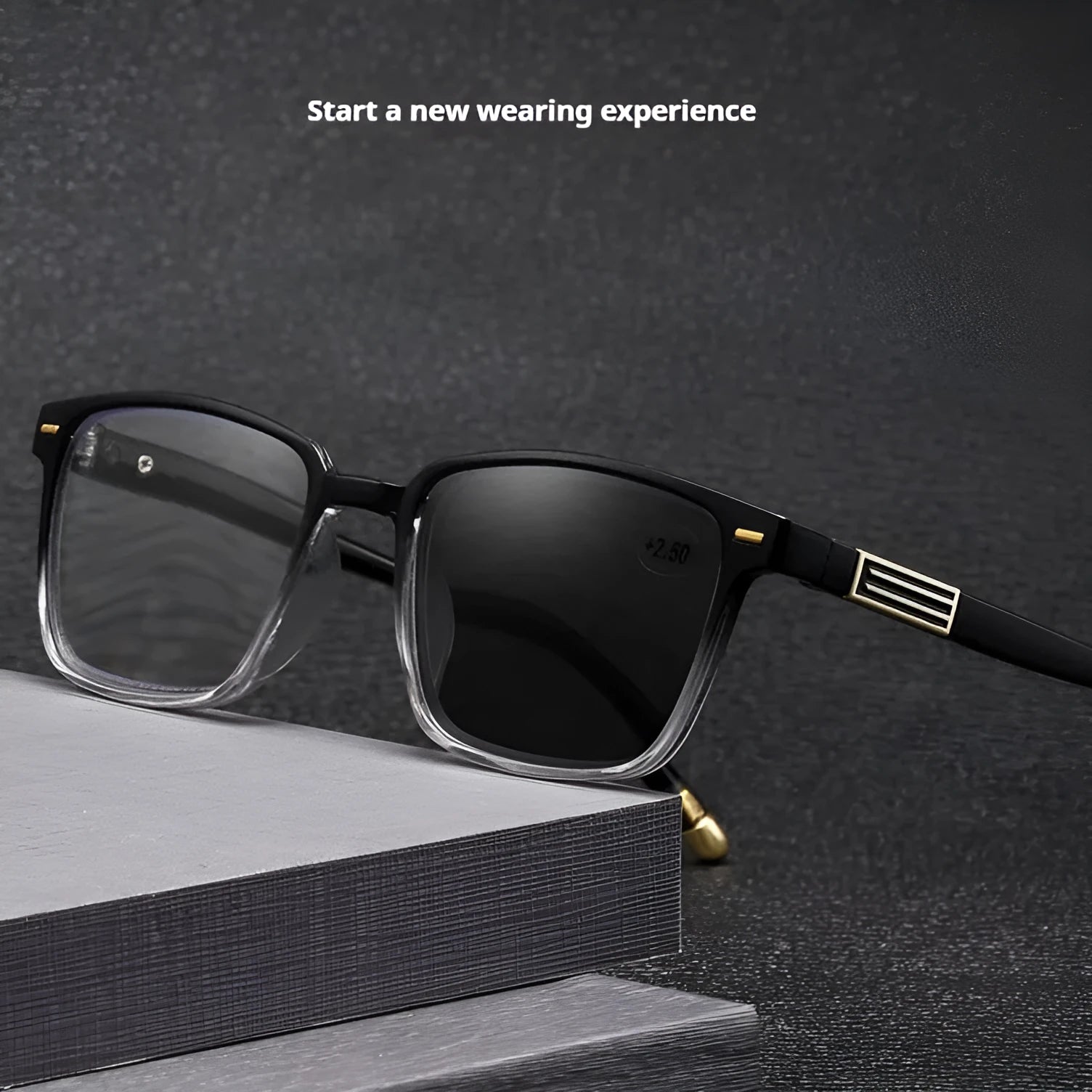 Multifocal reading glasses with anti blue light and colour changing lenses in a black and silver frame.