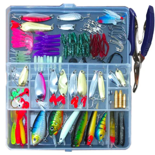 132 piece fishing lure set with plastic soft baits and high carbon steel hooks in rose red colour