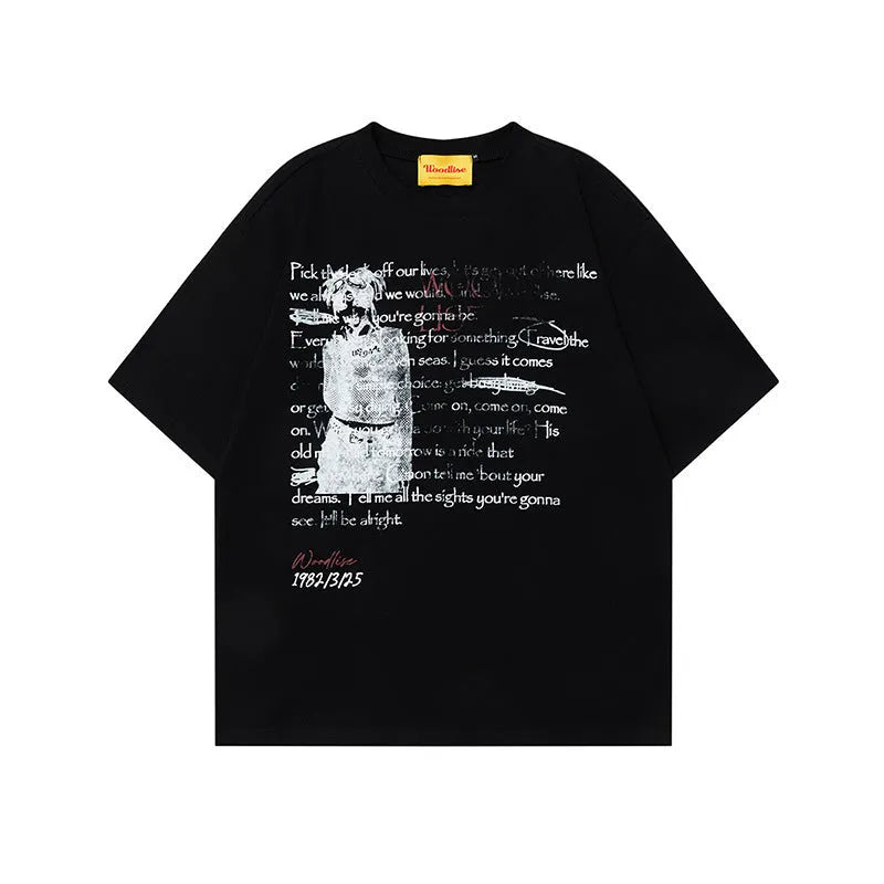 Men's black and white pure cotton T-shirt with printed letters, raglan sleeves, and loose retro hip hop style