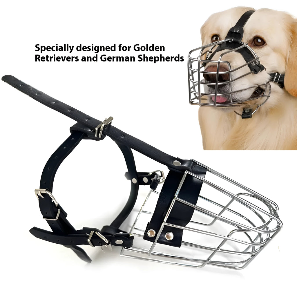 Black metal basket dog muzzle for a Golden Retriever or German Shepherd