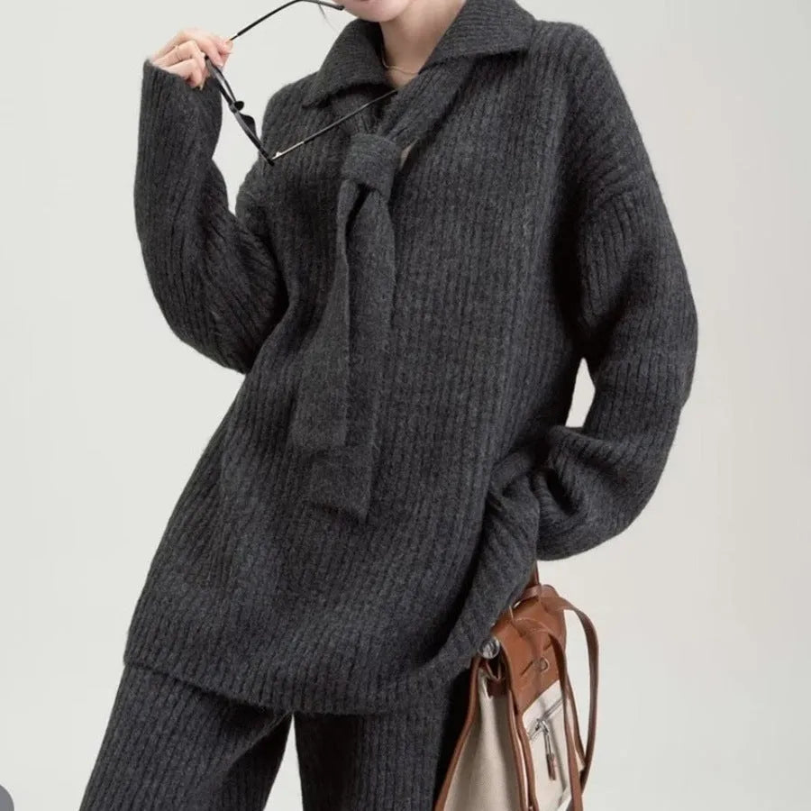 Women's imitation cashmere two-piece sweater set with knitted top and matching trousers in four colour options