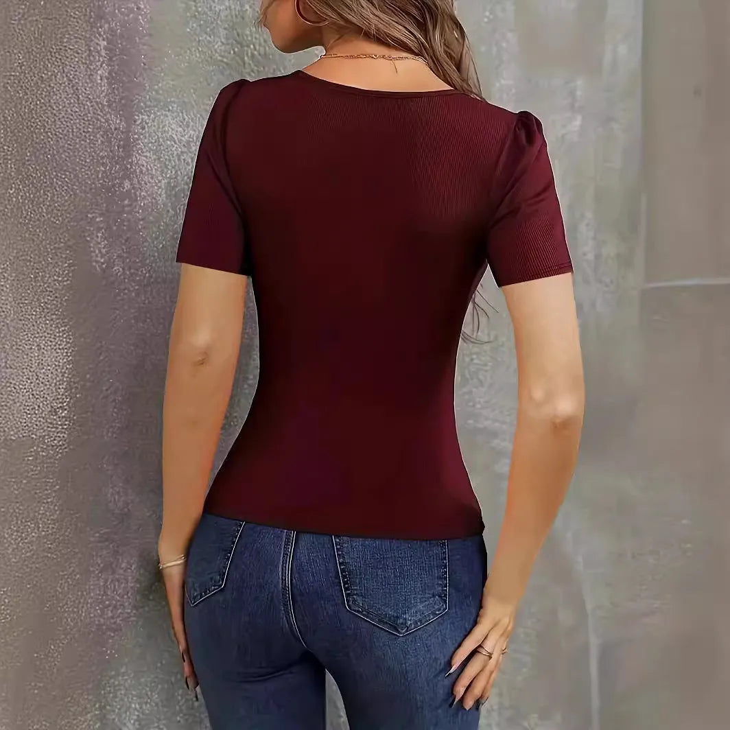 Women's slim fit knitted short sleeve top low neck design wine red colour