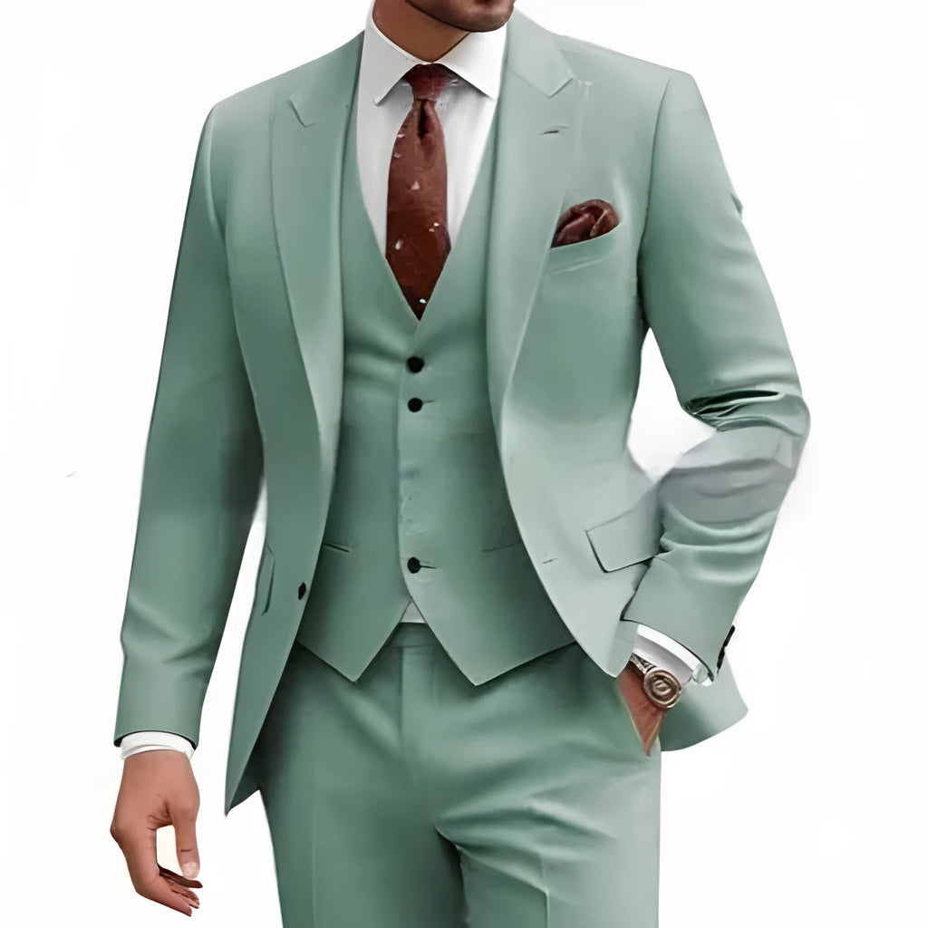 Men's three-piece slim fit suit in multiple colour options for business and wedding occasions