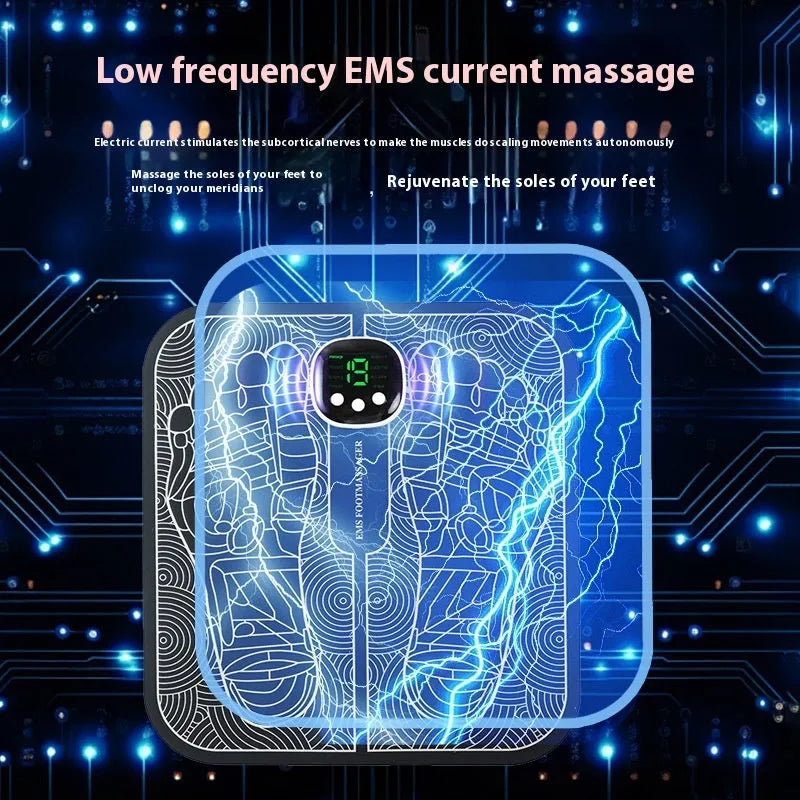 Blue electronic foot massager mat with remote control and USB charging cable
