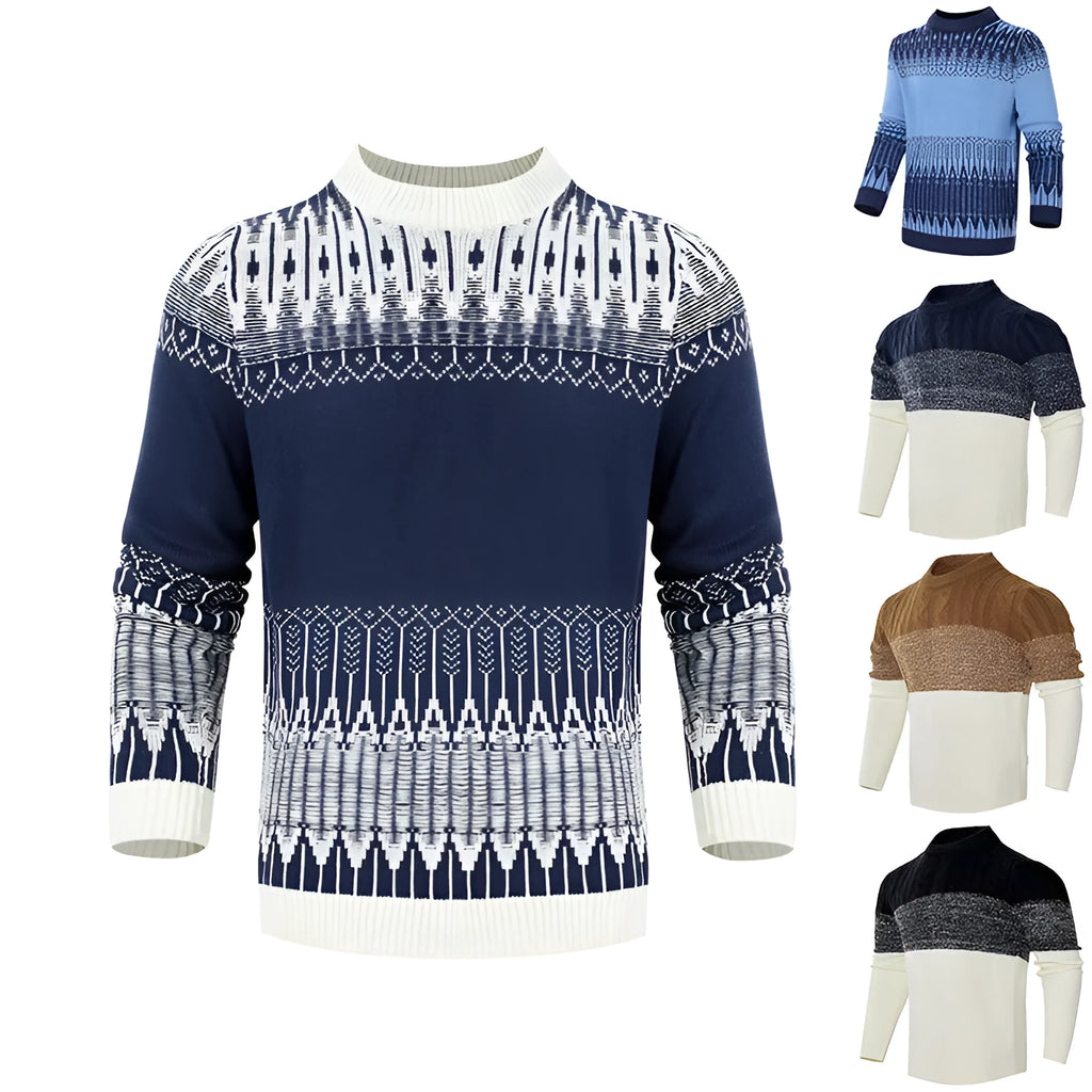 Men's grey knitted pullover sweater with crew neck and long sleeves on a hanger.