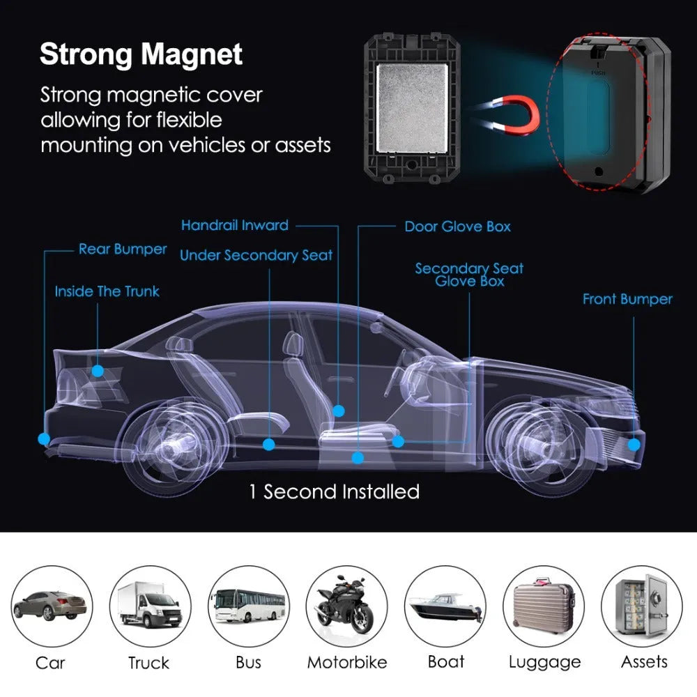 Black car GPS locator device with 6000mAh battery and IP65 rating.