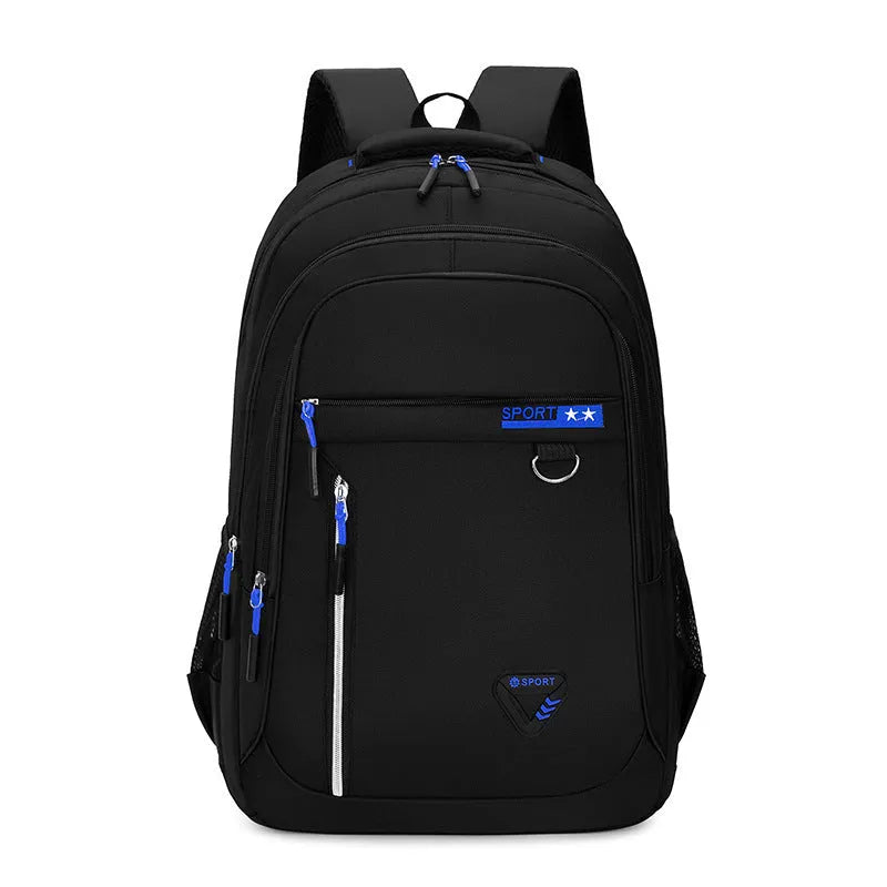 Men's Oxford cloth schoolbag in black with letter pattern, showing large capacity and air pillow straps