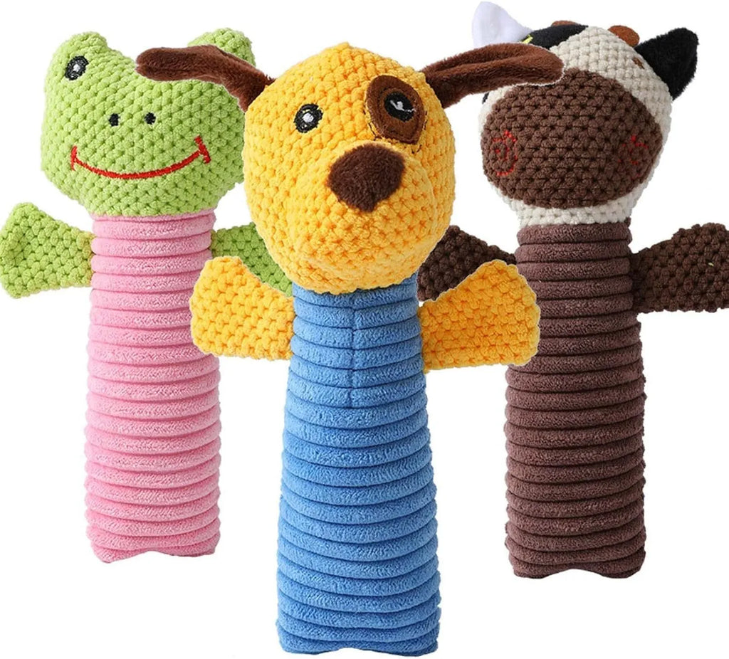 Squeaky stuffed animal dog chew toy for dental care, shown in calf, frog, or puppy design.
