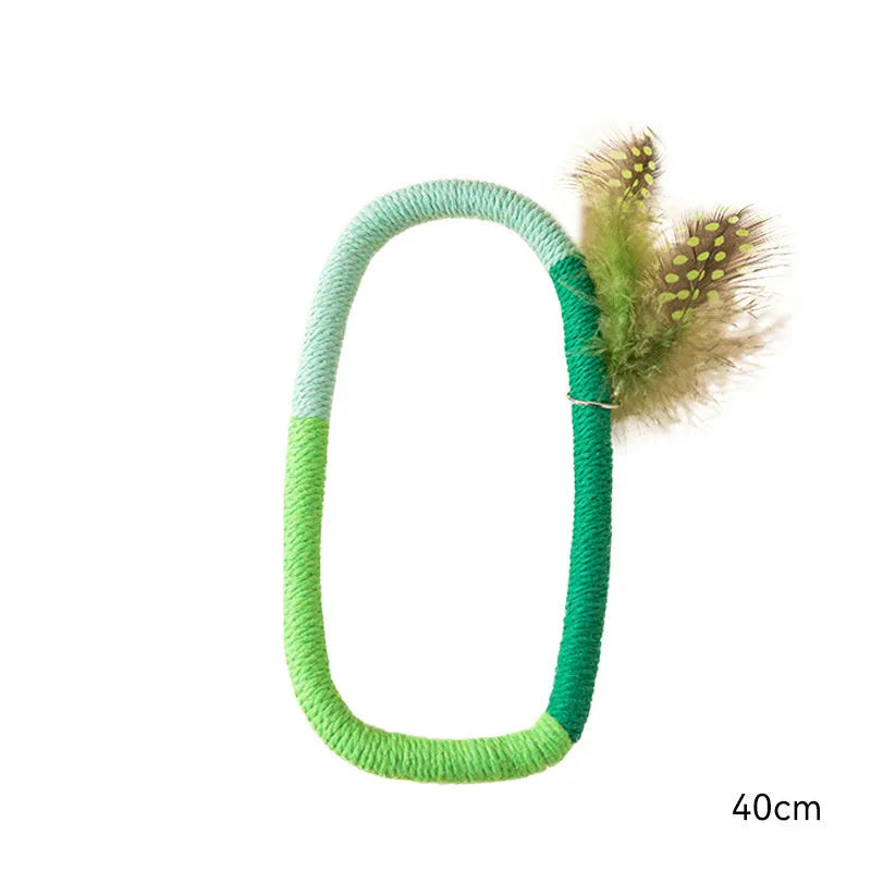 Green cotton rope circular cat toy with feathers and catnip for dental chewing play