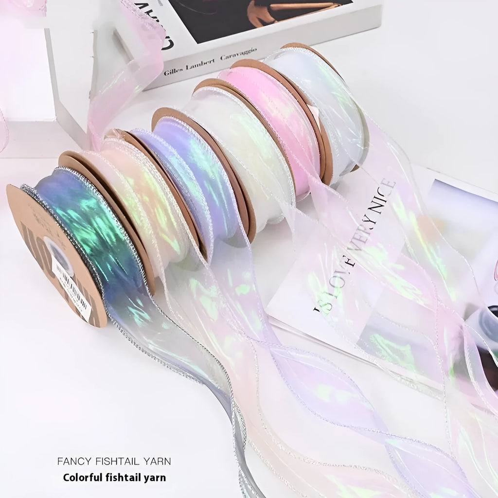 Fishtail yarn mesh decorative ribbon with colourful wave pattern in 4cm width