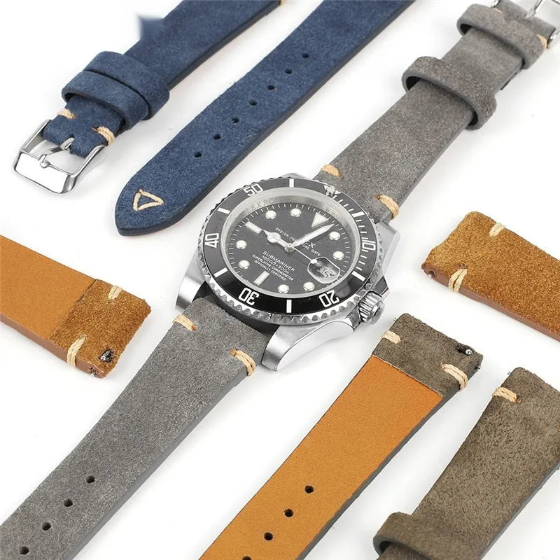 Small waist suede genuine leather watch strap in brown, blue, gray, and Army Green colours