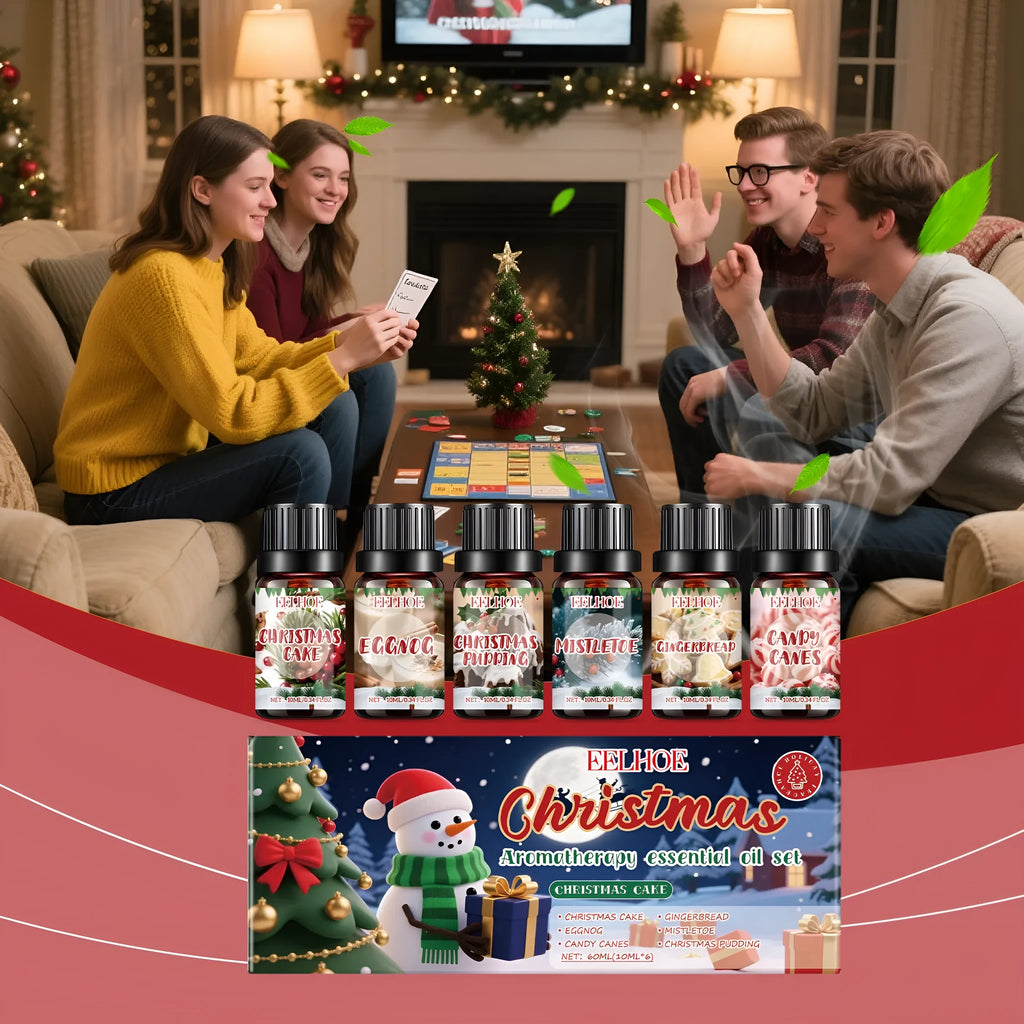 Christmas aromatherapy oil set showing six 10ml glass bottles with scented oil for home fragrance