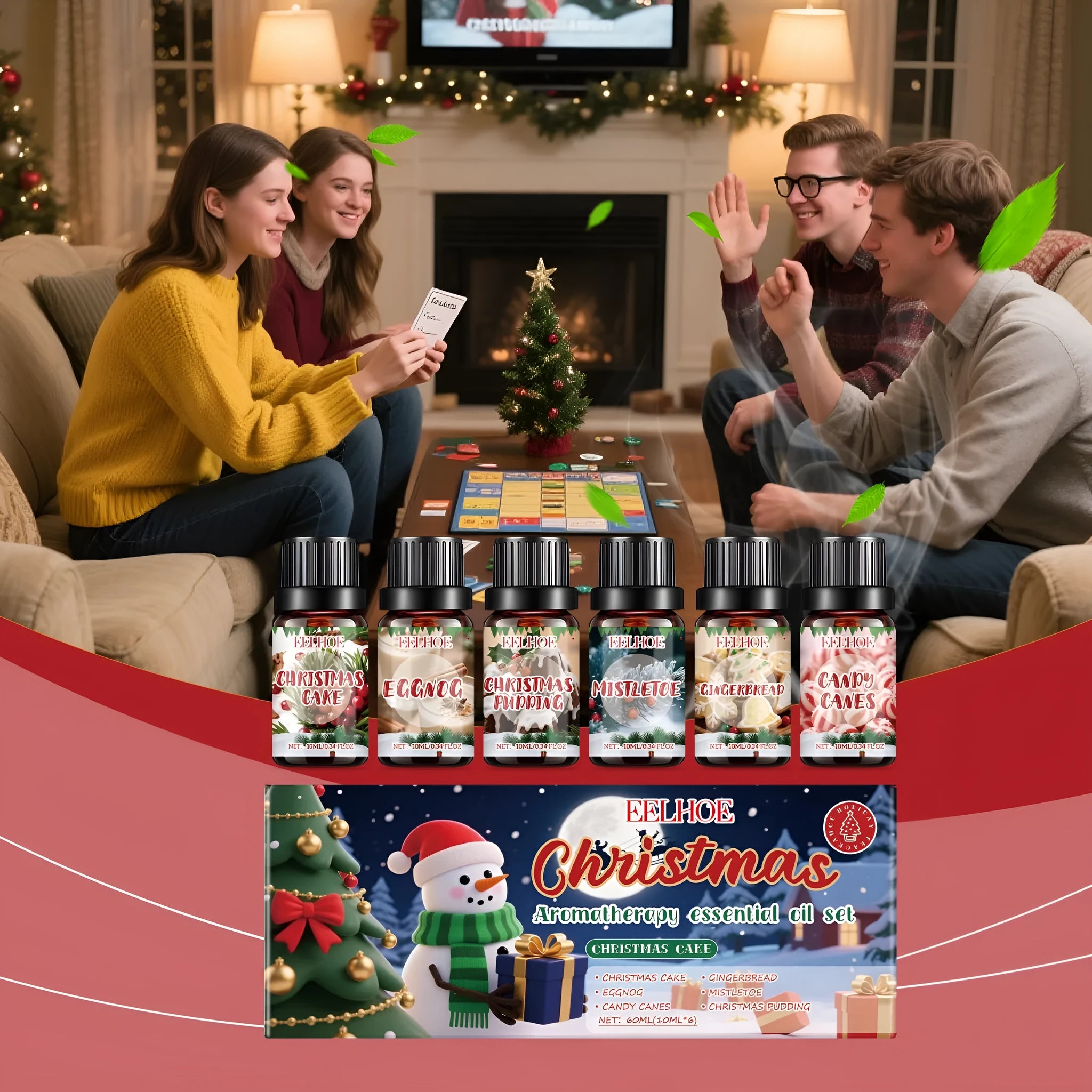 Christmas aromatherapy oil set showing six 10ml glass bottles with scented oil for home fragrance
