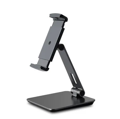 Silver foldable aluminium tablet phone holder showing 360-degree rotation mechanism and silicone anti-slip pads