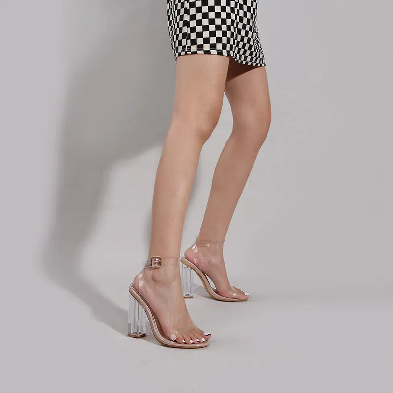 Women's apricot round toe sandals with transparent PVC glass heel and buckle fastening