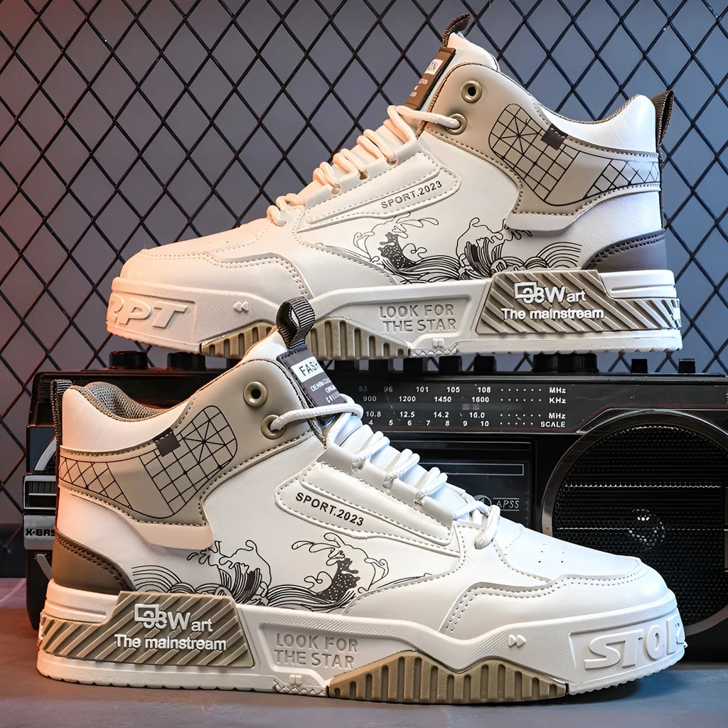 Men's high-top board shoes in beige white and blue with mesh lining and rubber sole