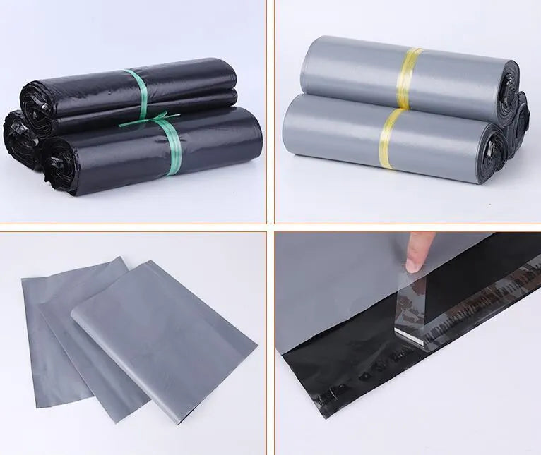 Bundle of 100 white self-seal PE courier bags with size and colour options shown.