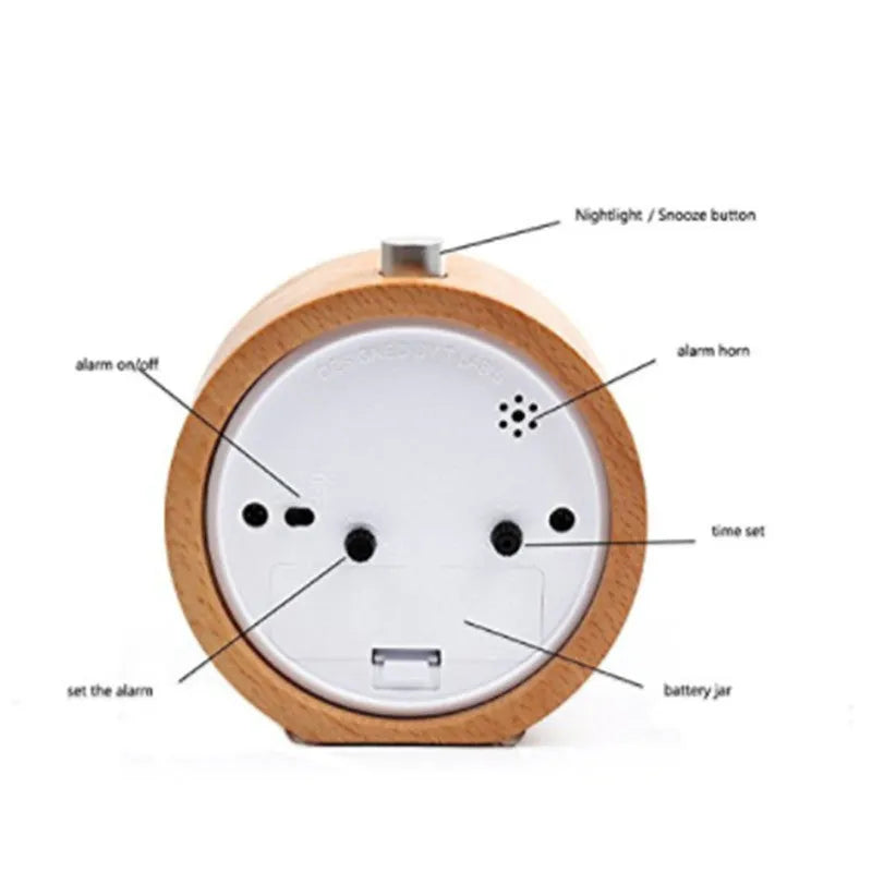 Solid beech wood silent snooze alarm clock with 4-inch dial on wooden surface