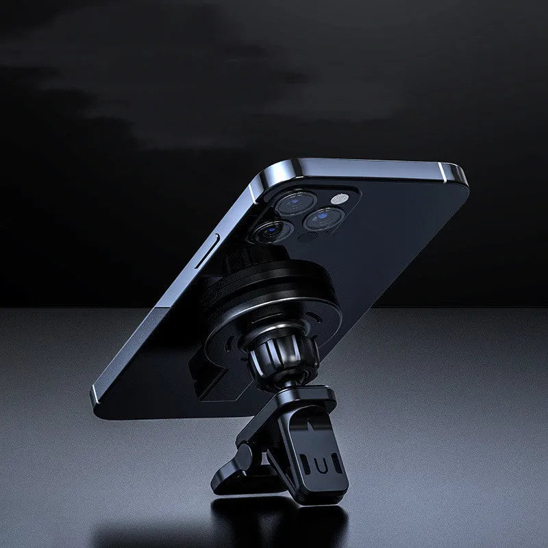 Black magnetic wireless charger showing foldable aluminium design with USB cable