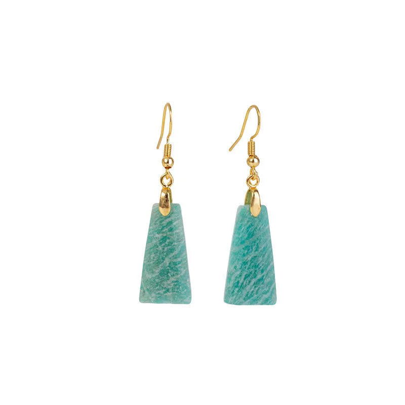 Amazonite rough stone trapezoid geometric earrings in gold or silver finish with octagon design elements