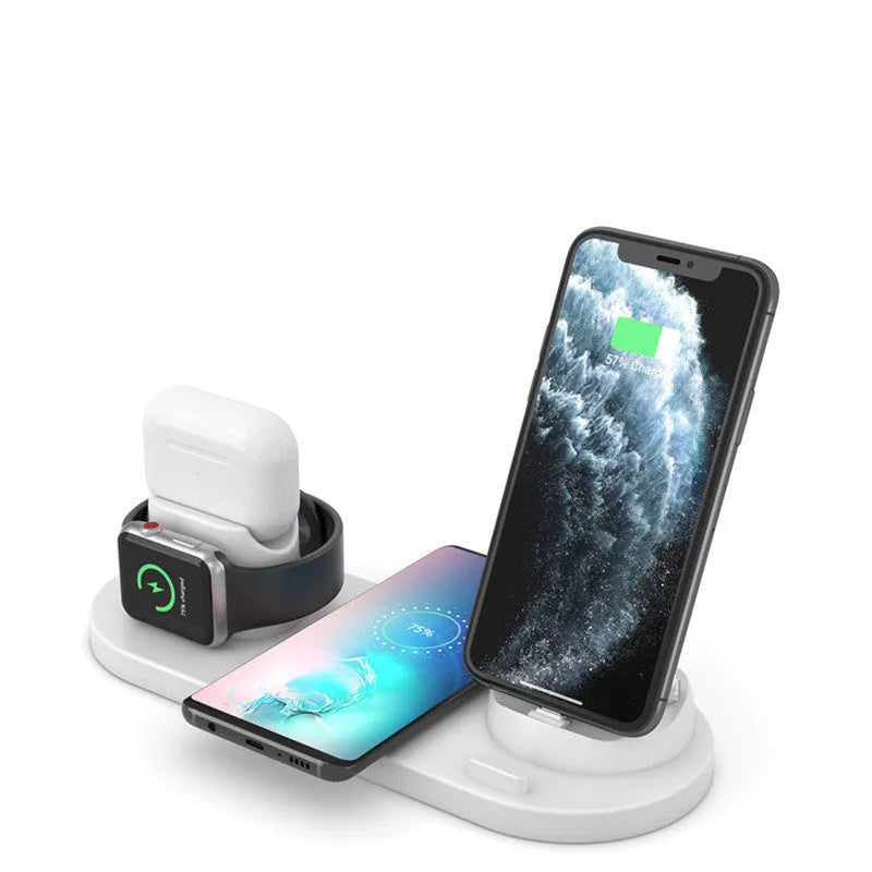 Black or white 6-in-1 wireless charging phone holder with 10W output and AirPods charging