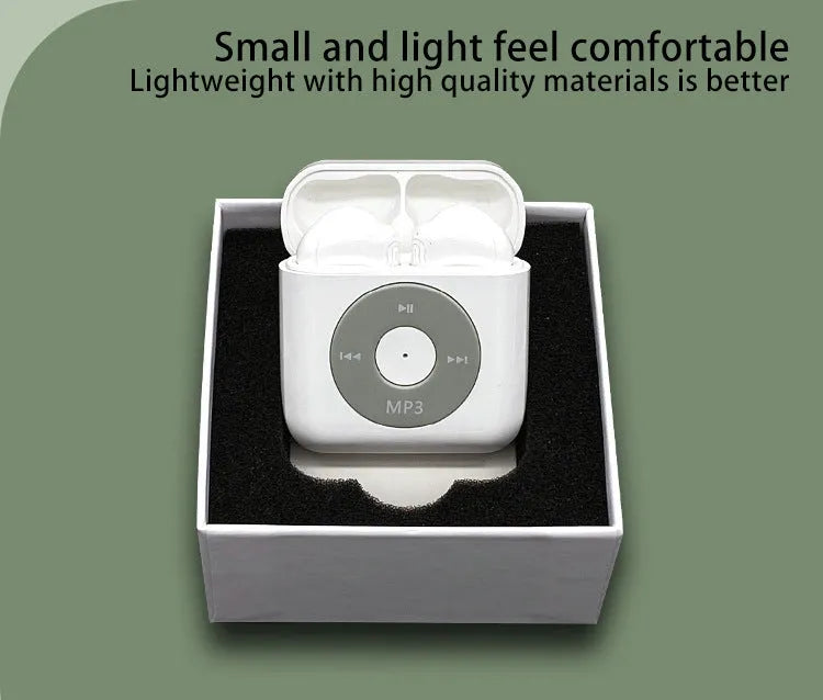 White wireless Bluetooth earphones with a semi-in-ear design and a charging case on a white background.