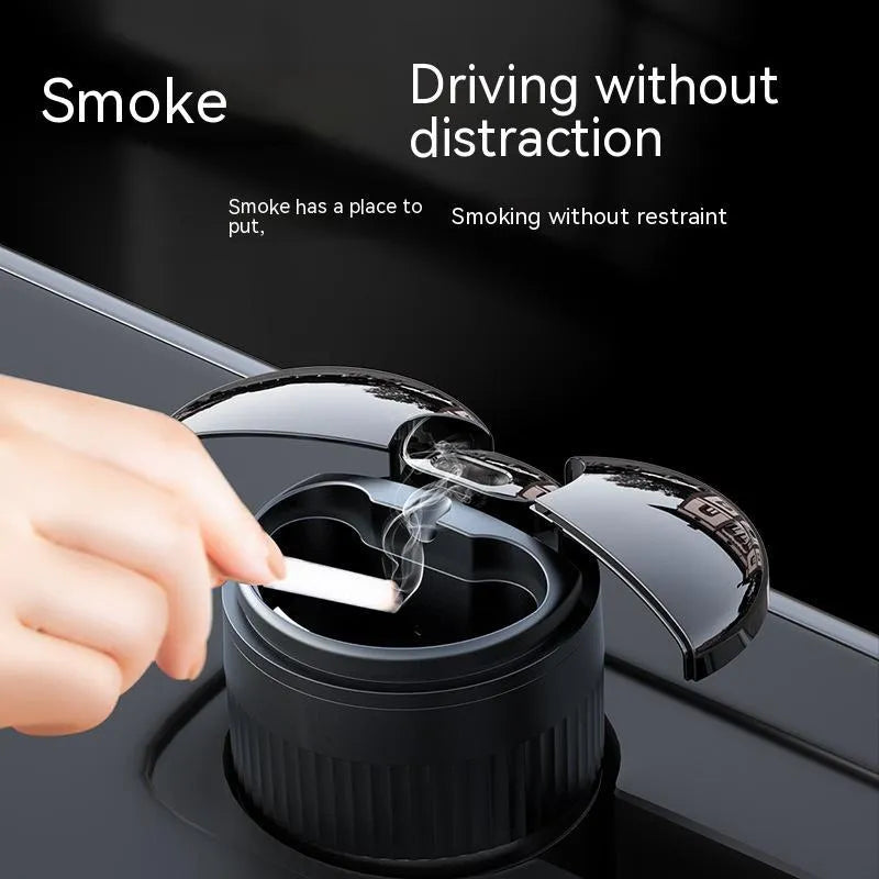 Metal automatic car ashtray with lid in black, showing compact 113mm by 72mm dimensions