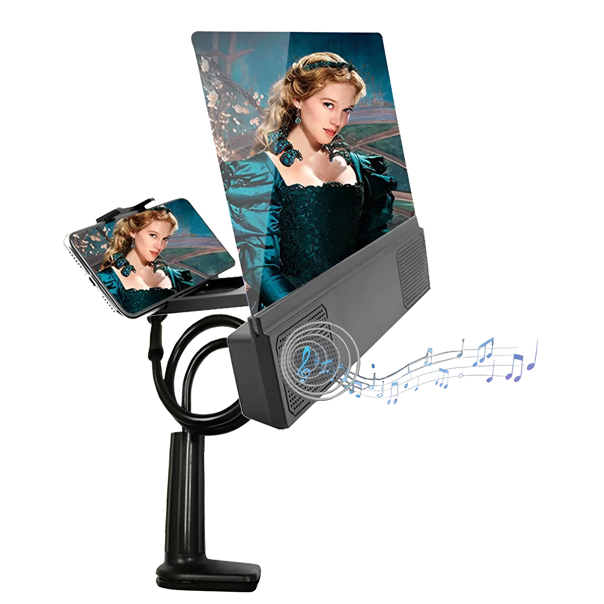 12-inch foldable mobile phone screen amplifier with adjustable gooseneck and speaker.