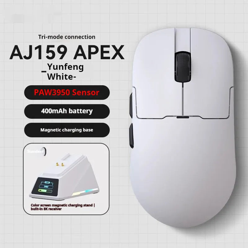 AJ159 white and black gaming mouse with three-mode connectivity on a mouse mat