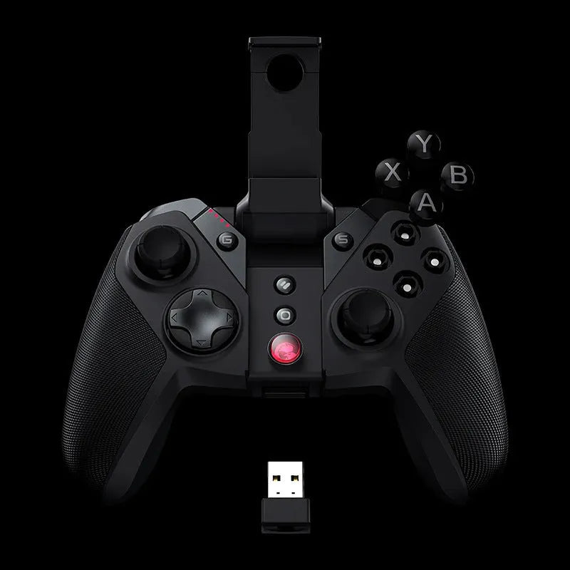 Black game console handle with type-C connector and standard controller layout