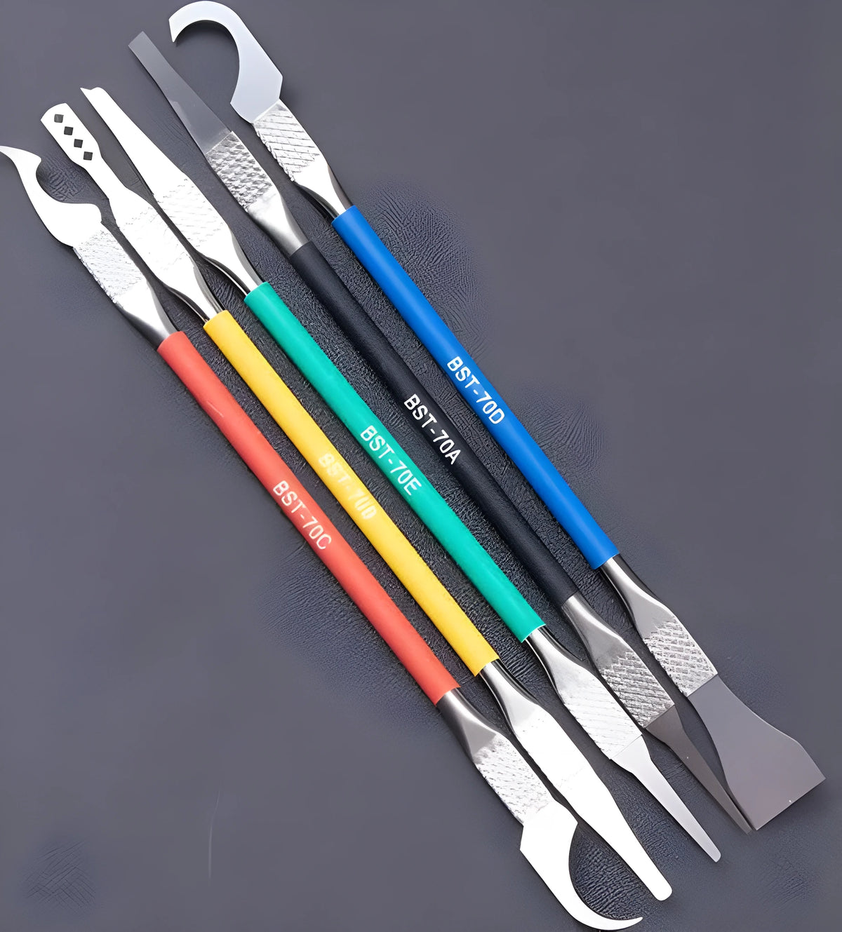 Five piece stainless steel disassembling tool set for plastic component removal with thin blade
