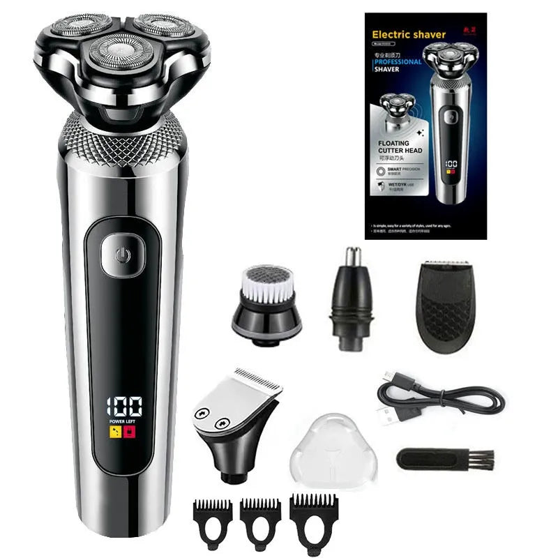 Digital display USB rechargeable beard trimmer with washable floating cutter head on charging base