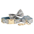 Blue floral polyester cotton dog collar with matching leash, bow tie, vest and poop bag holder set