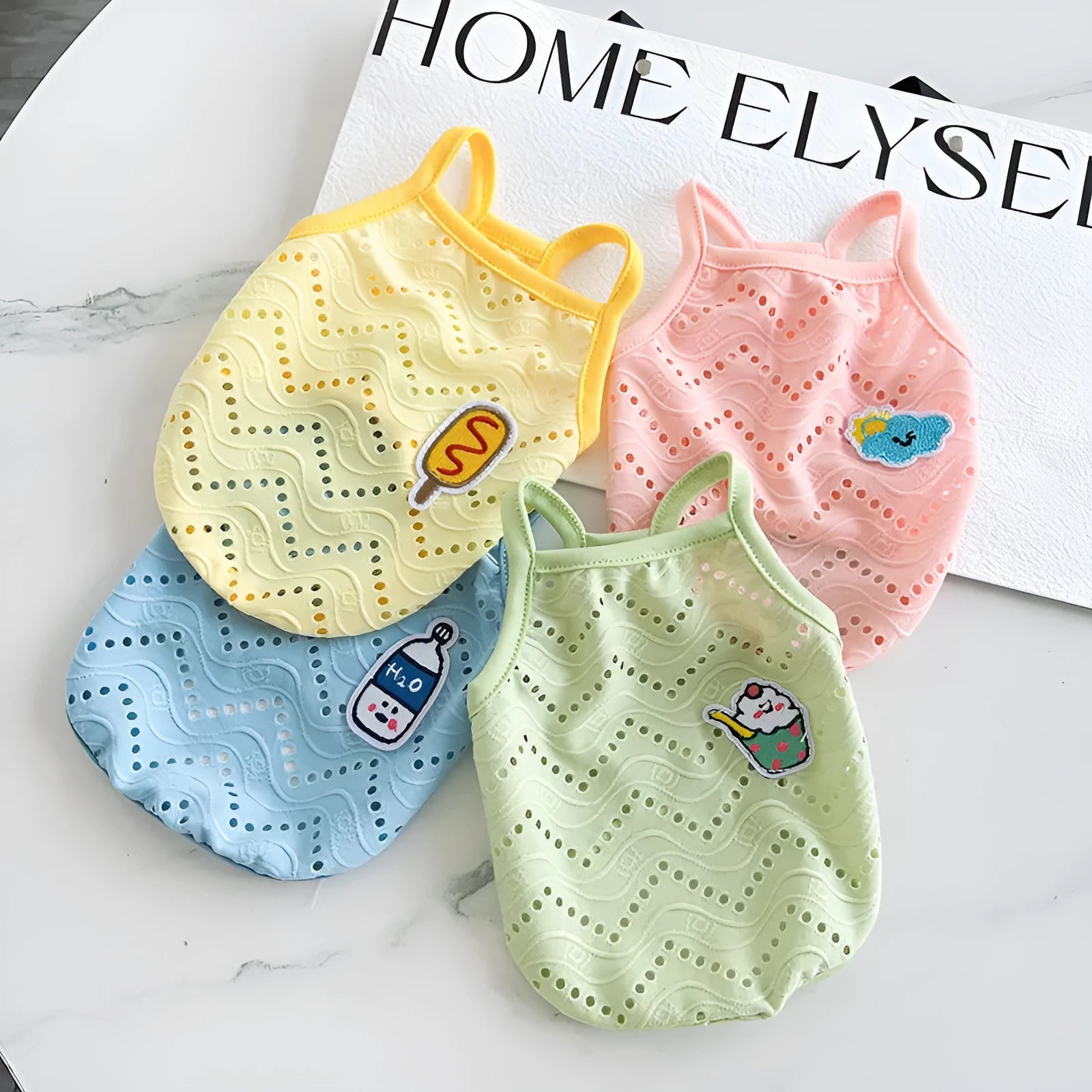 Mesh breathable dog cooling vest in blue milk bottle colour with adjustable straps