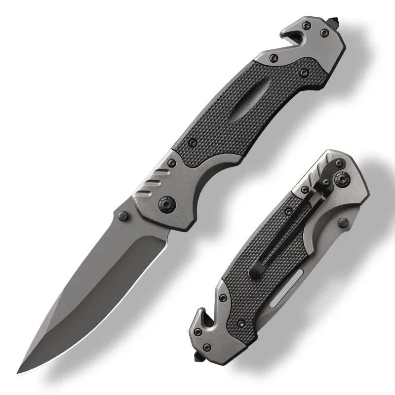 Outdoor folding knife with alloy blade showing textured handle option and folded position