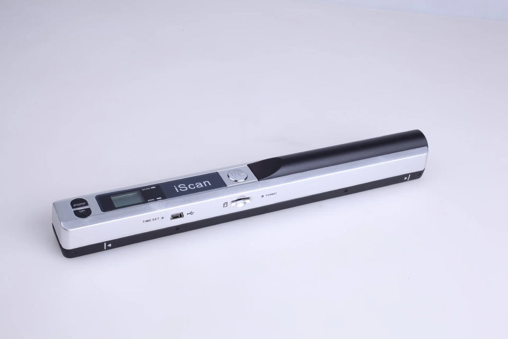 Handheld plastic scanner shown in black, blue, green, red, and silver colour options.