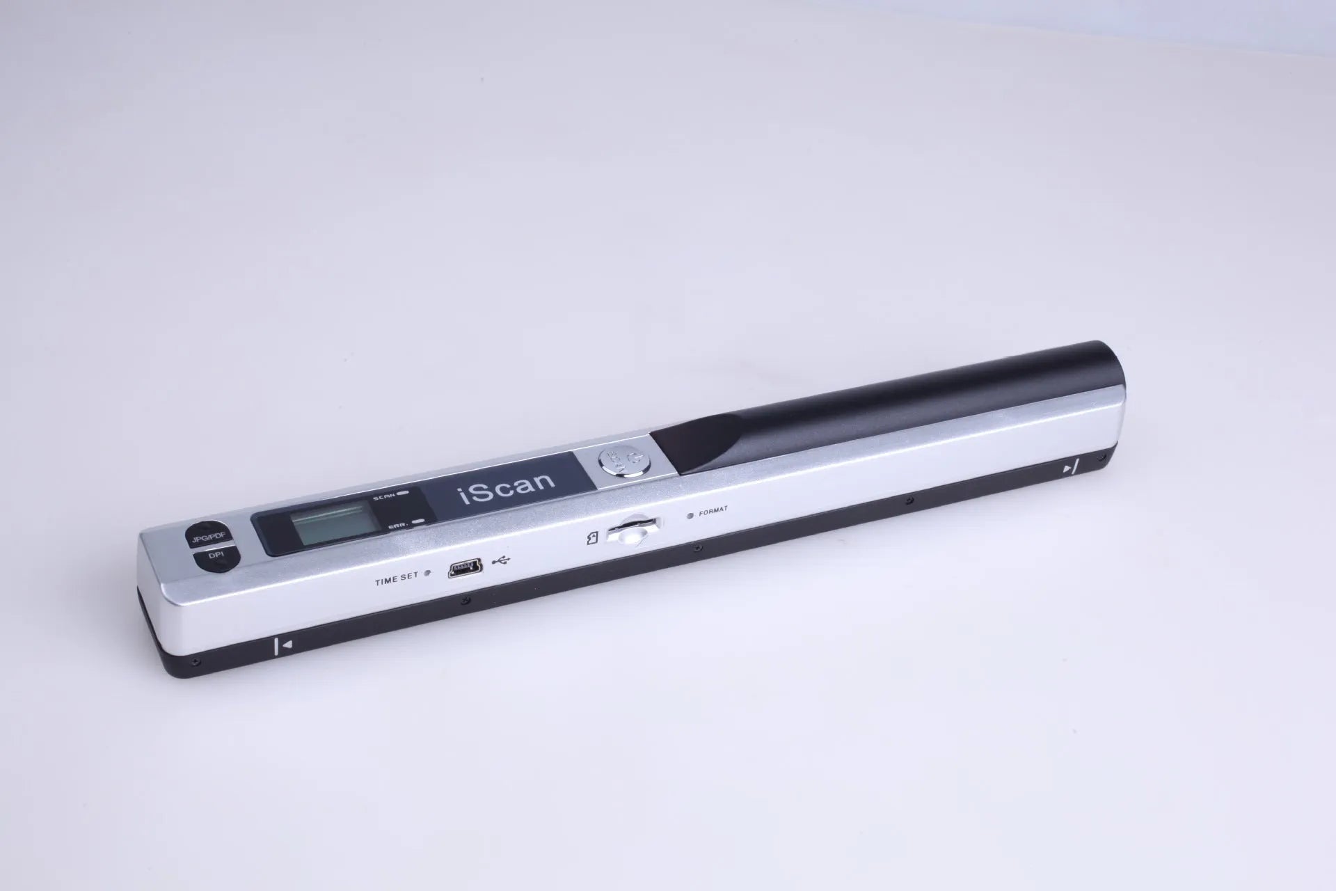 Handheld plastic scanner shown in black, blue, green, red, and silver colour options.
