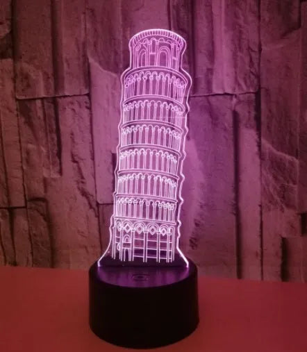 3D acrylic Leaning Tower of Pisa nightlight on black ABS base with USB cable and remote.