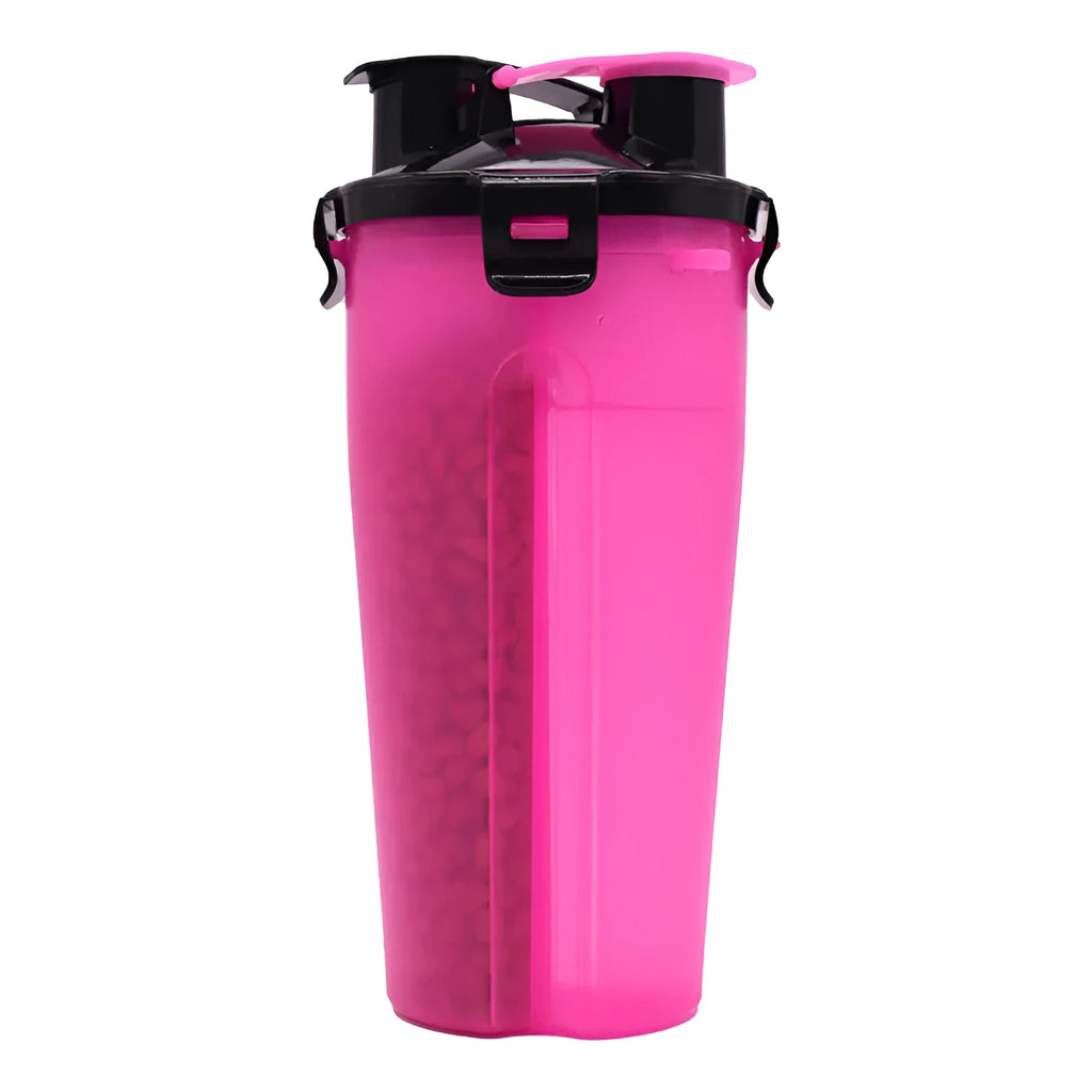 Portable 2-in-1 pet water and food cup in multiple colours with water and food compartments
