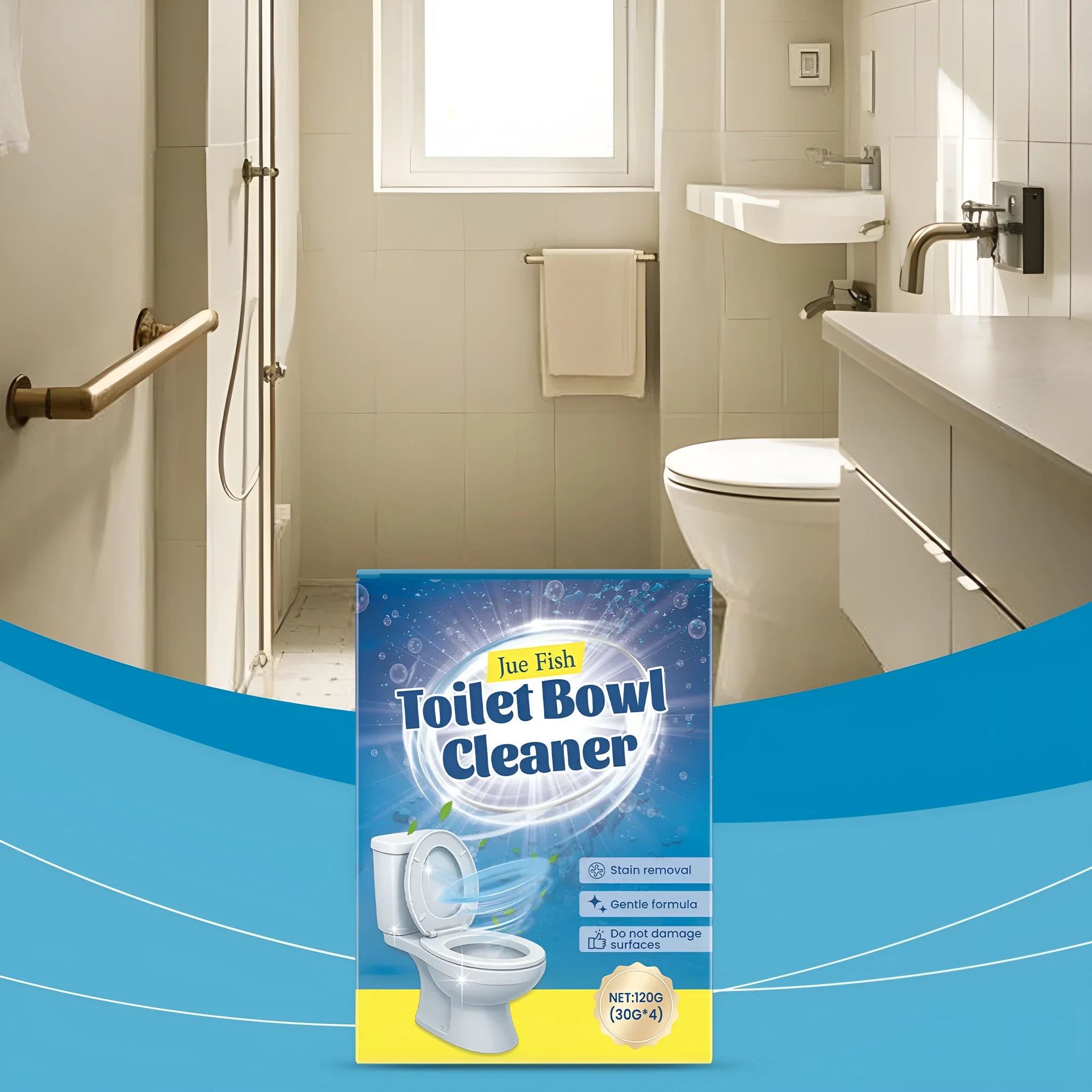 Box of toilet cleaning powder descaler with four 30g sachets for removing limescale and stains