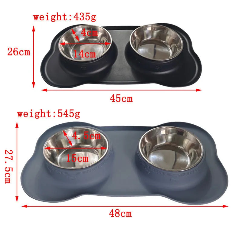 Large double compartment silicone dog bowl with stainless steel base in blue colour