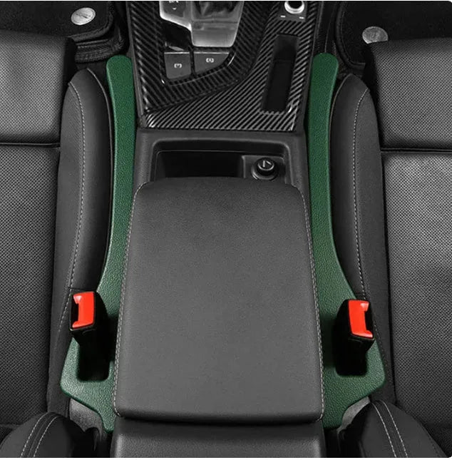 Polyurethane car seat gap filler strip in black, shown next to a vehicle centre console.