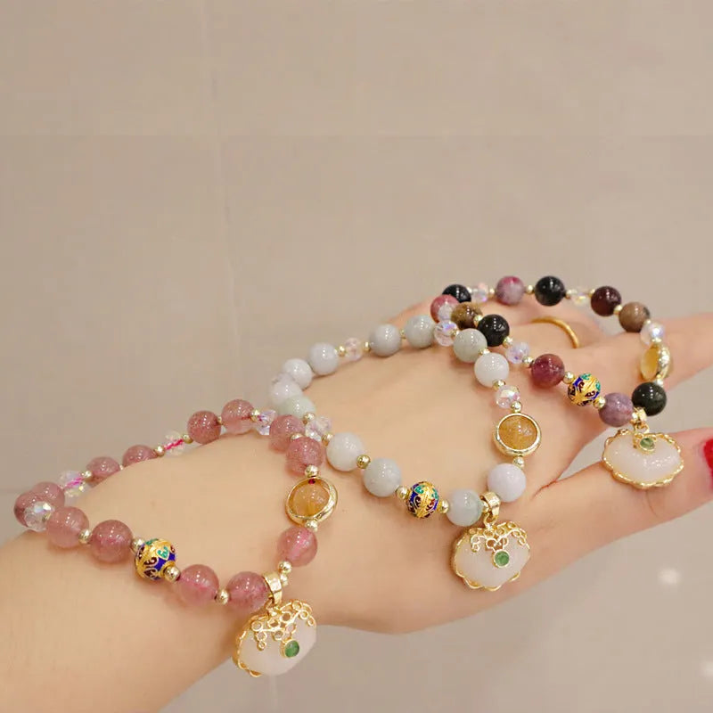 Gray jade and strawberry quartz women's bracelet with geometric metal decorations ethnic style